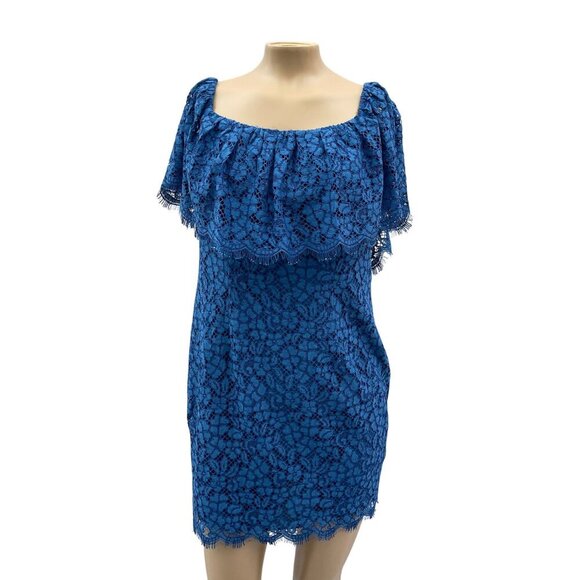 NWT Rachel Zoe Off-Shoulder Blue Lace Adelyn Mini Dress Zip Back Women's 6 - Picture 2 of 13